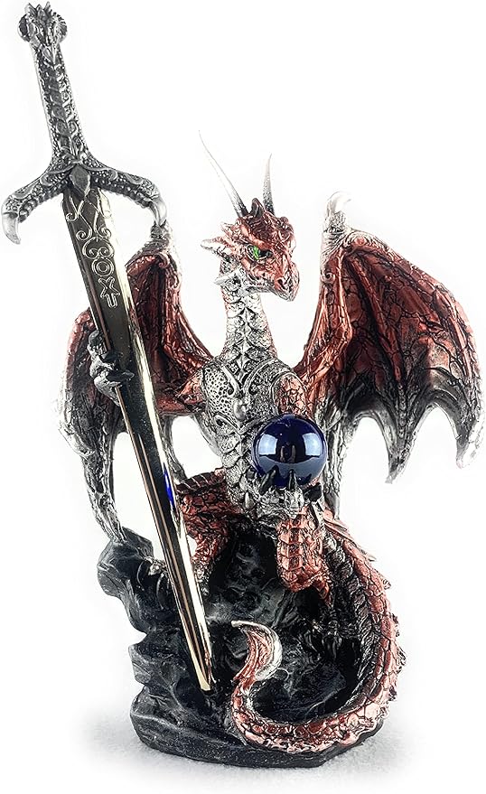 Ain't it Nice Dragon Statue with Medieval Dragon Sword and Crystal Ball Collectible Dragon Figurine Fantasy Medieval Dragon Décor, Red 4(L) 2(W) 7(H) inches