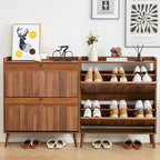 BERRYMERRY 31.5” Fluted Shoe Storage Cabinet with 2 Flip Drawers,Narrow Shoe Storage Organizer Rack with Wave Door for Entryway,Hallway,Living Room