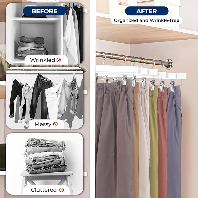 SereneLife 30 Pack Skirt and Pant Hanger with Adjustable Non-Slip Steel Clips, Premium Wooden, 360° Swivel Hook & 10 lb Capacity – Space-Saving Heavy-Duty Hangers for Jeans, Shorts & Slacks (White)