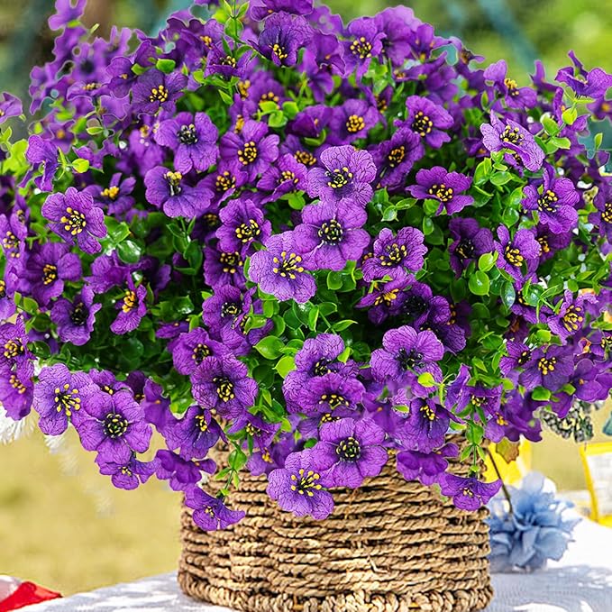Artificial Flowers for Outdoor, UV Resistant Fake Silk Flowers, Realistic Faux Plants for Outside Indoor Porch Patio Window Box Planter Home Decor (14, Purple)