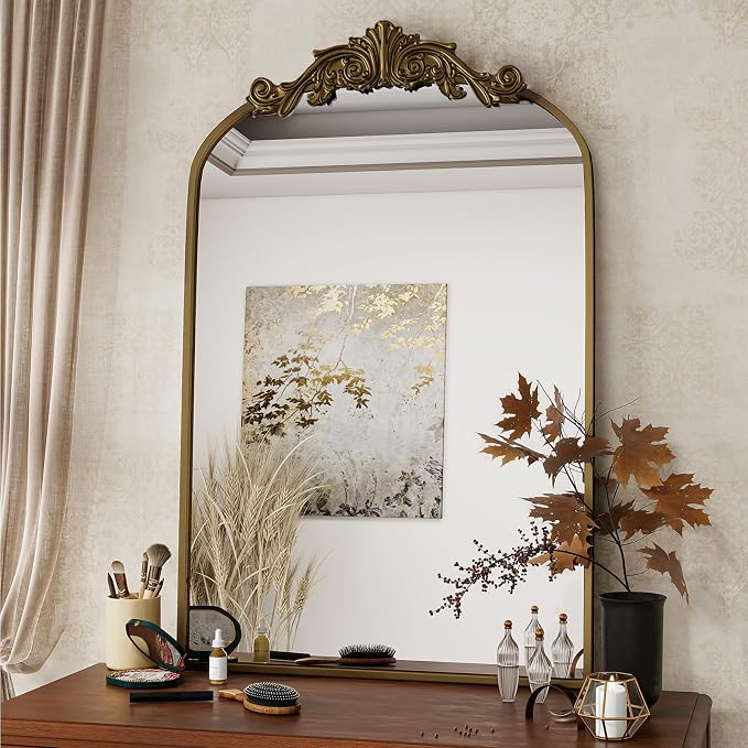VooBang Vintage Arched Bathroom Mirror, 24x36 Inch Retro Wall Mounted Vanity Mirror with Carved Pattern Top and Metal Frame, Antique Decorative Mirror for Hanging or Leaning