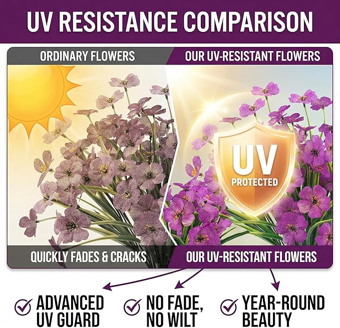 MACTING Artificial Flowers for Outdoors 12 Bundles Faux Outdoor Plants UV Resistant Plastic Silk Flowers No Fade for Planters Window Patio Porch Yard Indoor Garden Outside Summer Decorations(Purple)