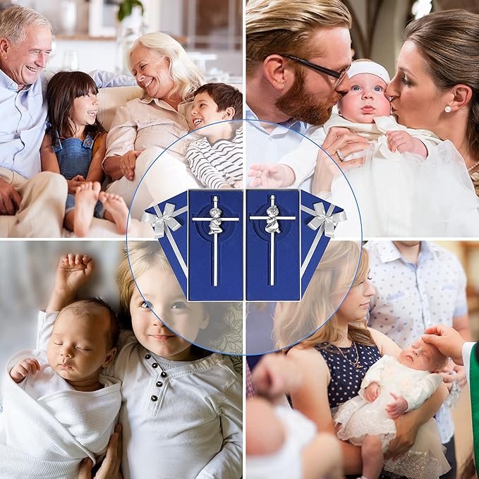 2 PCs Silver Baby Wall Cross Baptism Gifts for Boy and Girl Christening First Communion Dedication Gift for Baby Girls Goddaughter Religious Baptismal Children Crosses Gifts from Grandparents, 7in