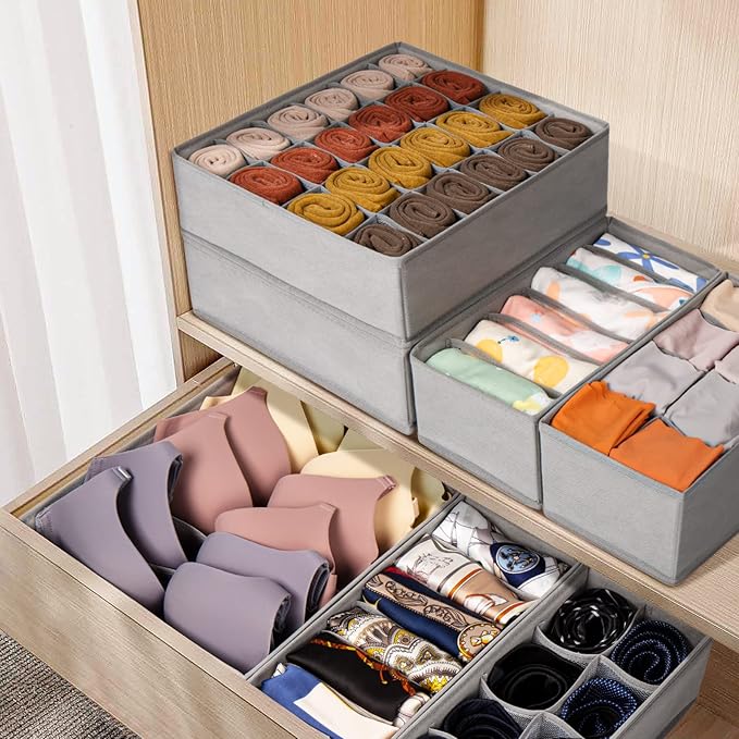 Criusia 6 Pack Sock Underwear Drawer Organizer Dividers, 58 Cell Foldable Fabric Dresser Closet Organizers and Storage Bins for Clothing, Baby Clothes, Bra, Panty, Scarf, Ties (Grey)