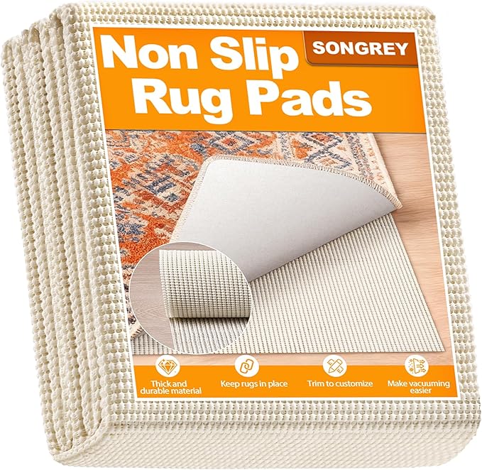 Songrey Non-Slip Rug Pad 2x6 FT, Extra Thick Carpet Pads for Hard Surfaces, Prevents Sliding and Secures Rugs, Provides Floor Protection with Comfort Cushioning