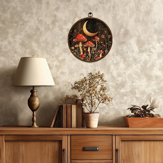 Vintage Mushroom Round Framed Wall Art Decor, Fantasy Forest Botanical Illustration Round Wall Hanging Decor, Retro Botanical Canvas Prints Wall Art for Bedroom Living Room 10x10 Inch(MG02)