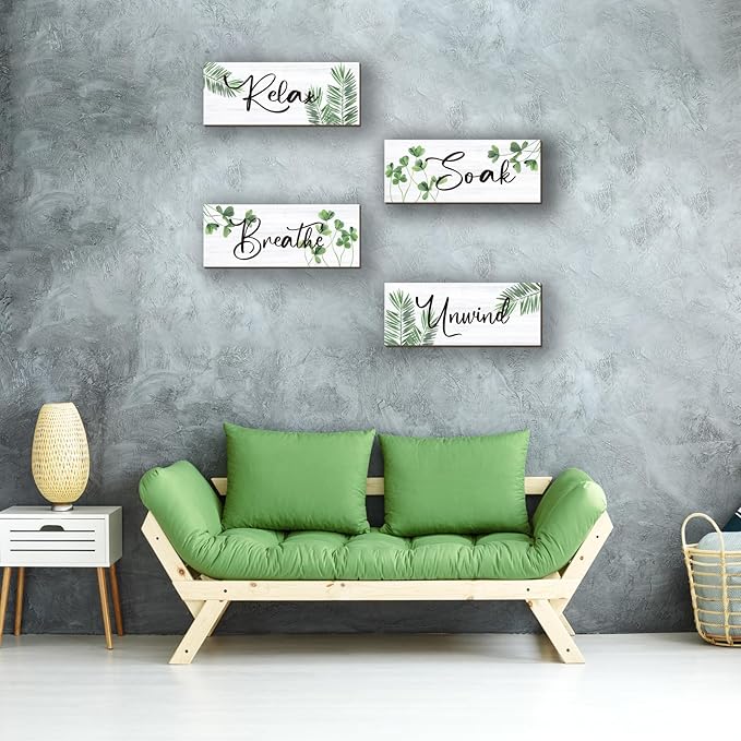 4 Pcs Farmhouse Bathroom Wall Decors Relax Soak Unwind Breathe Wooden Word Sign Green Hanging Wall Art Rustic Office Wall Decor for Bedroom Living Room Vintage Decorations(Green Leaves 10X4 Inch)