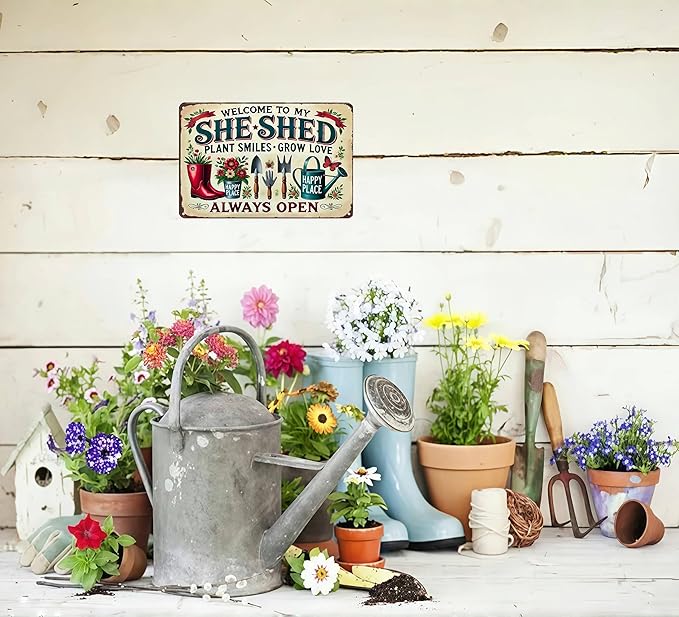 Bestylez Garden Gifts Welcome To My She Shed Vintage Gardening Signs for Home Garden Greenhouse Living Room Bedroom Yard Outdoor Decor 8X12 Inch (3372)