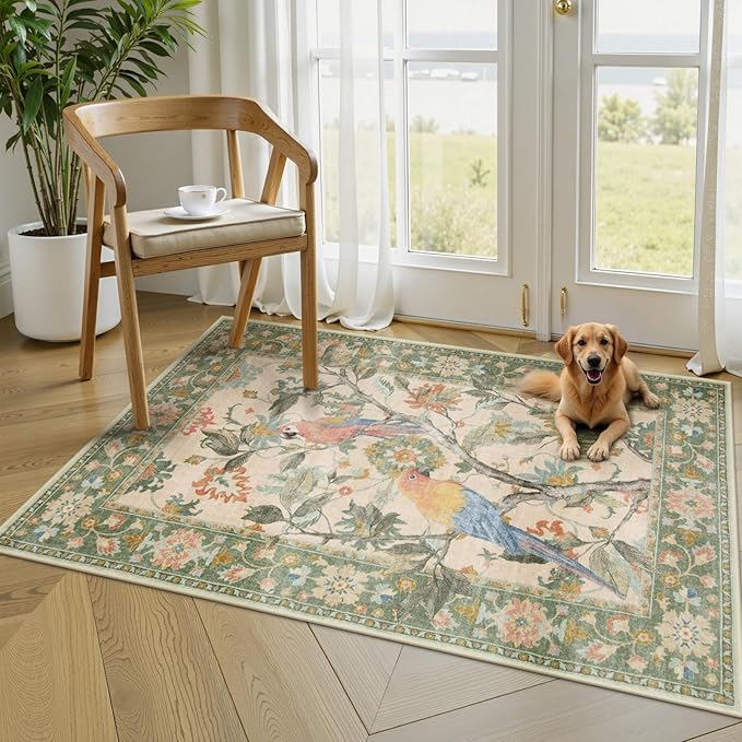 Lahome Botanical Birds 3x5 Green Washable Kitchen Rugs for Bathroom, Boho Entryway Rug for Bedroom, Vintage Soft Non Slip Indoor Carpet for Living Room Front Door (3x5ft,Green)