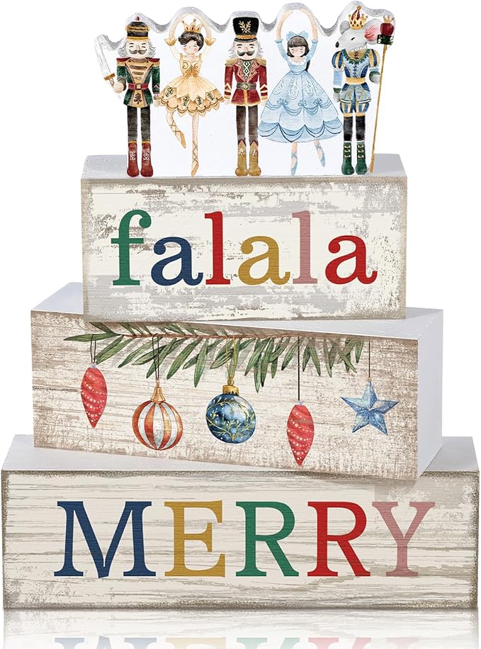 Lineshading 4 Pcs Christmas Table Decorations Wooden Nutcracker Fairy Ballet Merry Christmas Table Centerpiece Decorative Soldier Fairy Ballet Block Signs Gift for Xmas Home Kitchen Tier Tray Decor