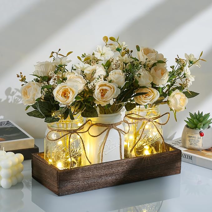 Centerpieces for Tables Coffee Table Centerpiece Decor with Wood Tray for Kitchen Decor Home Living Room Decor Rustic Farmhouse Decor,White