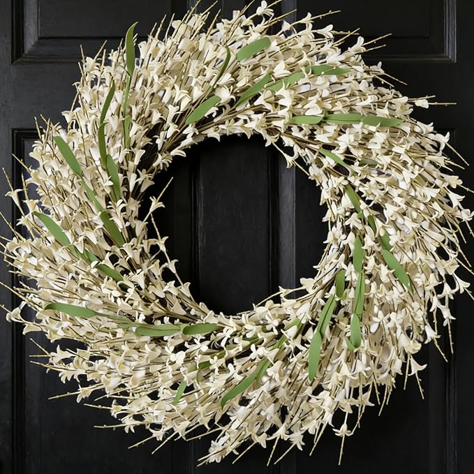 26 Inch Spring Wreaths for Front Door, Large Artificial Forsythia Flowers Wreath, Spring Summer Floral Wreath All Season for Home, Wall, Window, Porch, Wedding, Farmhouse Decor (White)
