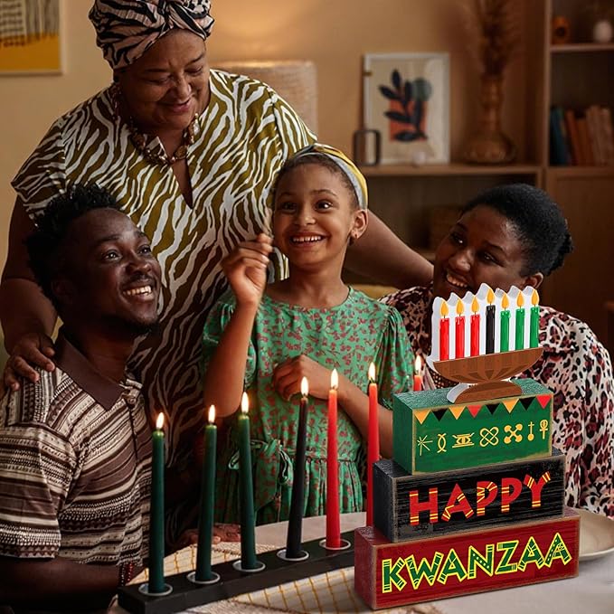 Yuntau 4 Pcs Happy Kwanzaa Table Decorations Kwanzaa Tiered Tray Decor Rustic African Candlestick Wood Block Tabletop Sign Gift Centerpiece Farmhouse Table Decor for Home Office Party Supplies