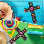 Pinkunn 2 Pcs Mexican Floral Cross Wall Decor Mexican Wall Art Hand Painted Decorative Inspirational Wooden Floral Cross Spanish Crucifix Decor for Home Room Church Decoration