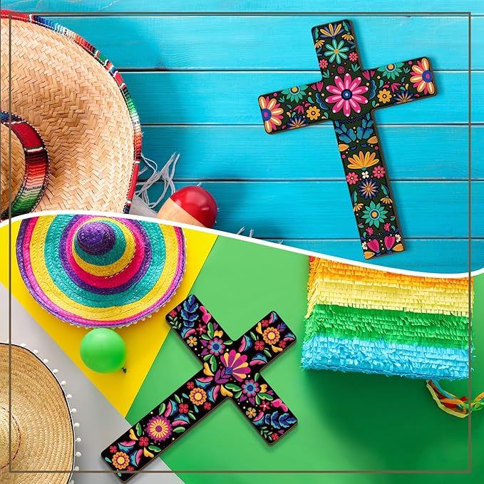 Pinkunn 2 Pcs Mexican Floral Cross Wall Decor Mexican Wall Art Hand Painted Decorative Inspirational Wooden Floral Cross Spanish Crucifix Decor for Home Room Church Decoration