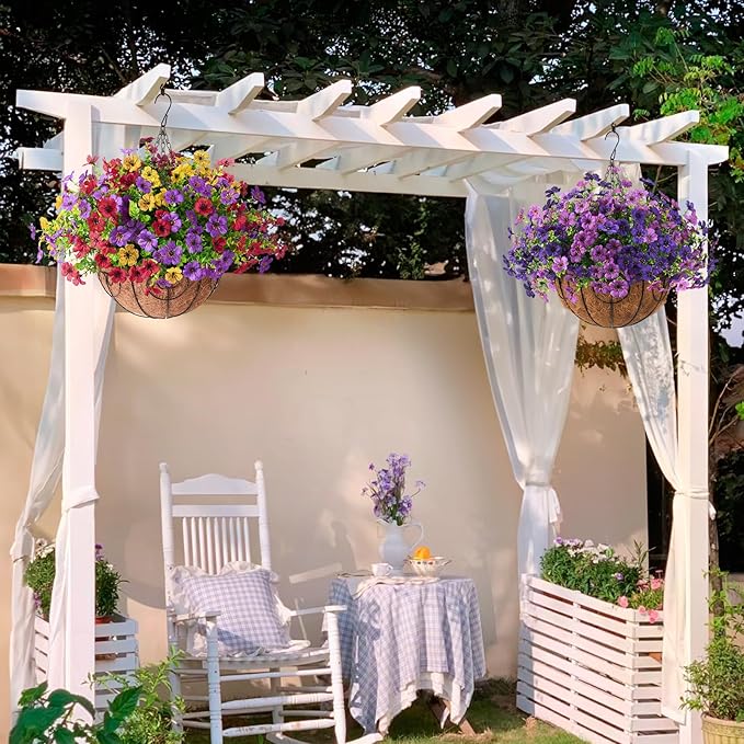 Artificial Faux Hanging Baskets Flowers Plants for Outdoor Spring Decoration, Fake Silk Daisy Outside Indoor UV Resistant Look Real Yard Patio Front Porch Garden Balcony Home Decor(Double Purple)