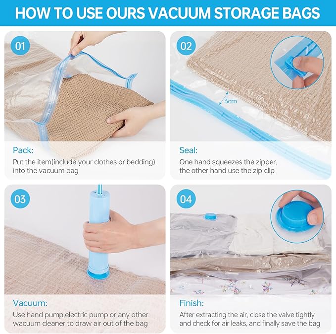 AKLL7S Vacuum Storage Bags, 13 Combo Space Saver Bags (3 Large, 5 Medium, 5 Small) with Hand Pump, Vacuum Seal Bags for Clothing, Comforters, Blankets, Travel