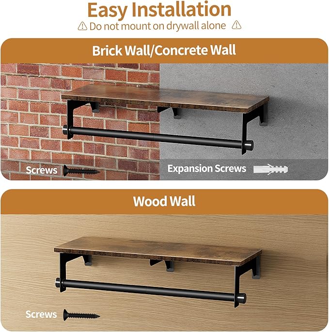 Luxspire Clothes Rack 28.7inch, Wall Mounted Garment Racks with Top Shelf for Hanging Clothes, Heavy Duty Industrial Pipe Garment Rack, Laundry Room Shelves Closet Storage, Black + Brown