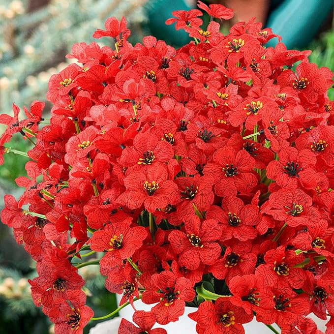 MACTING 12 Bundles Artificial Flowers for Outdoors Fake Flowers UV Resistant Faux Plastic Plants No Fade for Planters Window Patio Porch Garden Home Outside Spring Summer Decorations,Red