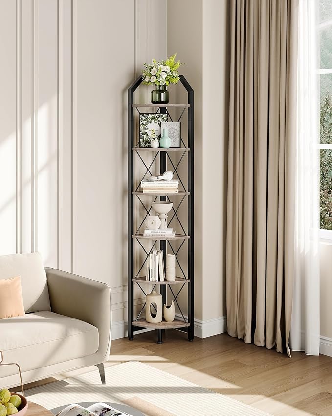 CHOEZON 6-Tier Corner Shelf, Industrial Corner Bookshelf, 71.2" Corner Storage Stand, Plant Stand Display Shelf, Corner Bookcase for Bedroom, Living Room, Home Office, Greige and Black TCJ11BG