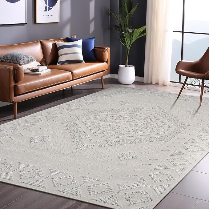 Modern Micro Loop Indoor Area Rugs for Living Room Bedroom Kitchen Geometric Trellis White 5x7 Luxury Durable Low and High Pile Non-Shedding Stain Resistant Soft Area Carpet 5 x 7