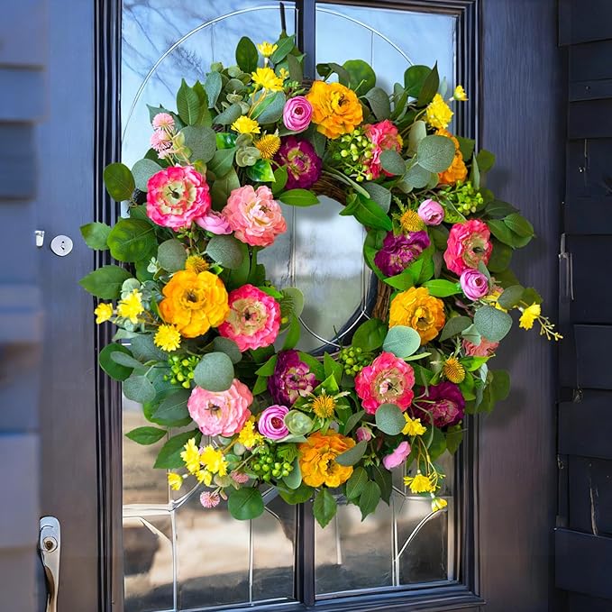 Spring Wreaths for Front Door 24 Inch Outdoor Spring Wreath with Peony Rose Ranunculus & Eucalyptus,Handmade Silk Summer Wreaths for Front Door,Spring Door Wreath for Porch Home Wall Window