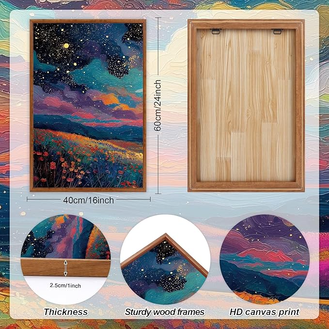 KAIRNE Framed Abstract Midnight Canvas Wall Art,Large Starry Night Prints Set of 3(16”X24”),Colorful Galaxy Space Wildflowers Wall Decor,Nature Dark Night Scene Paintings for Living Room Bedroom Decoration