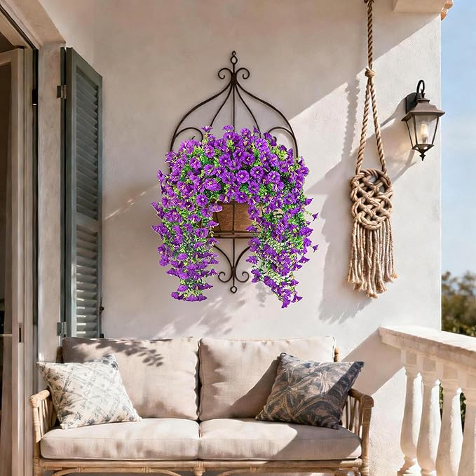Artificial Hanging Flowers for Outdoors, 2 PCS UV Resistant Faux Silk 150 Morning Glory Each Trailing Vines, Fake Plants for Spring Outdoor Garden Planter Porch Patio Decoration, Purple