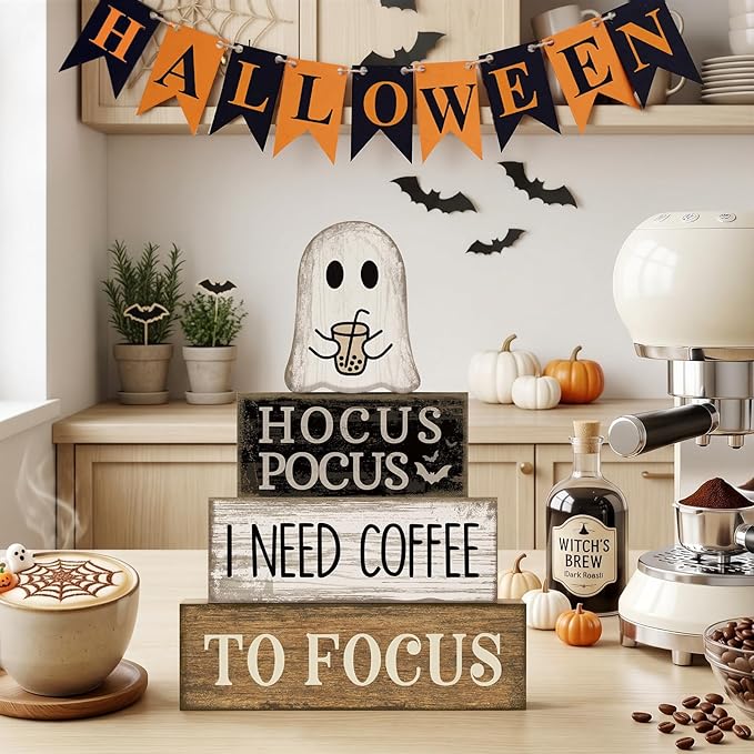 Lineshading 4 Pcs Halloween Coffee Table Decor Coffee Ghost Wooden Stack Block Decor Halloween Tiered Tray Decoration Farmhouse Ghost Tabletop Centerpiece Decorations for Home Kitchen Office Bar Shelf