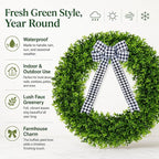 Vlorart 32" Faux Boxwood Wreath, Artificial Large Boxwood Wreaths Front Door, Spring Summer Waterproof Green Wreath Hanging with A Bow for Wall Farmhouse Outside Window Wedding Party Decor Year Round