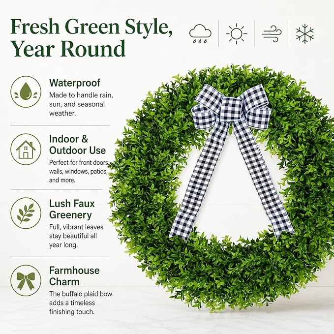 Vlorart 32" Faux Boxwood Wreath, Artificial Large Boxwood Wreaths Front Door, Spring Summer Waterproof Green Wreath Hanging with A Bow for Wall Farmhouse Outside Window Wedding Party Decor Year Round