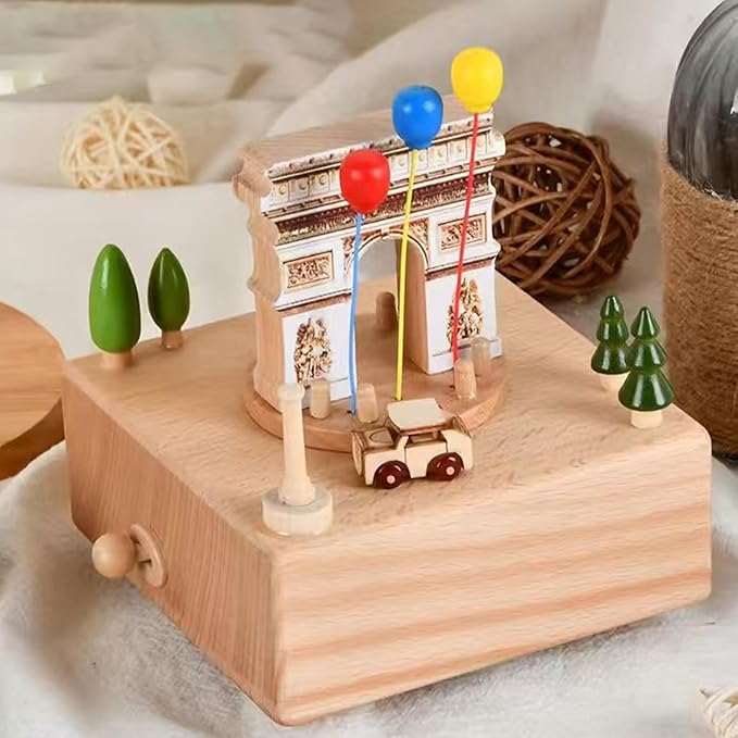Natural Solid Wood Handcrafted Beech Wooden, Musical FigureTotoro/Carousel/Fairy/Ballerina Figurine,Rotating Hand Crank Mechanism Music Box,Musical Decorations (Arc de Triomphe)