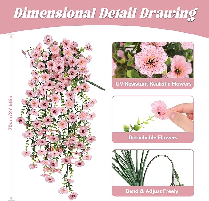 Artificial Hanging Flowers for Outdoors, UV Resistant 2PCS Fake Silk Flowers for Outside, Realistic Faux Plants for Hanging Baskets, Planters - Porch, Patio, Yard Décor (Pink)