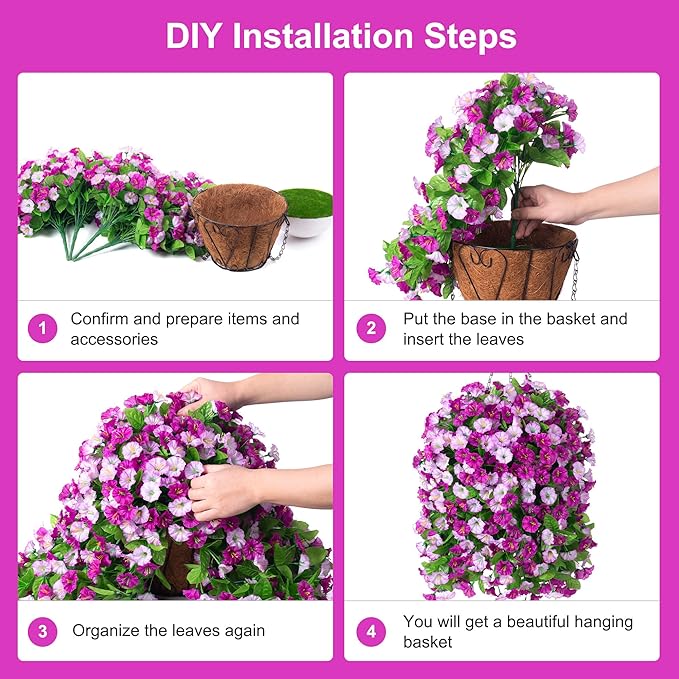 Artificial Flowers with Hanging Basket, Outdoor Faux Plants Silk Morning Glory Vines, Fake Green Arrangement for Garden Patio Spring Summer Decor(Darkorchid)