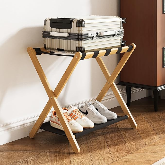 Fully Assembled Luggage Racks Pack of 2, Bamboo Natural Foldable Luggage Rack for Guest Room, Suitcase Stand with Fabric Storage Shelf for Hotel, 5 Nylon Straps, 26.77" W x 16.93" D x 22.5" H