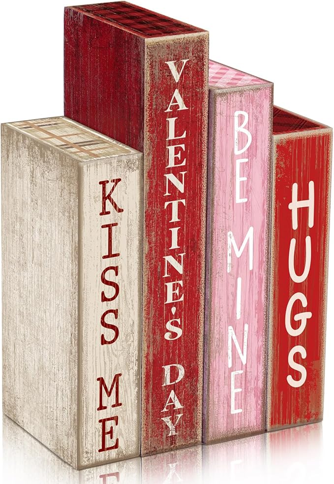 Lineshading 4 Pcs Valentines Day Decoration Wooden Book Valentine's Day Table Decoration Pink Red and White Valentines Tiered Tray Decor Wood Book Sign Farmhouse for Wedding Home Shelf Coffee Table