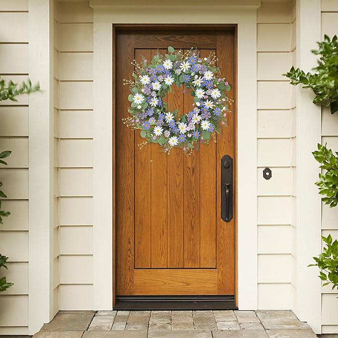 Sggvecsy Spring Wreaths for Front Door 22 Inch Artificial Blue Purple Daisy Wreath Floral Summer Wreaths with Lavender Wild Flower Greenery Leaves for Farmhouse Home Wall Indoor Outdoor Window Decor
