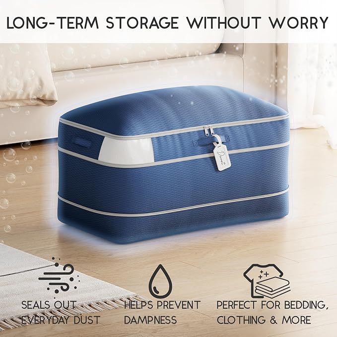 Compression Storage Bags for Comforters - 4 Pack Long Large 100L Compression Bags, 3-Layer Washable Ultra Space Saving Self Comforter Storage Bag for Blankets, Sheets, Clothes, Navy Blue