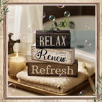 Lineshading 4 Pcs Bathroom Shelf Decor Sign Farmhouse Bathroom Decor and Accessories Rustic Eucalyptus Leave Wood Block Sign Gift Relax Renew Refresh Farmhouse Table Centerpiece for Home Office Toilet