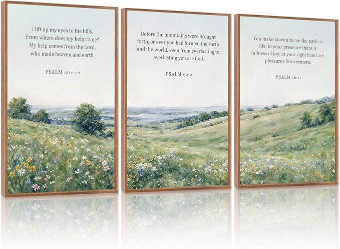 KAlRNE Natural Christian Framed Canvas Wall Art Set of 3(16”X24”),Religious Bible Verse Wall Decor,Vintage Inspirational Scripture Painting,Botanical Green Art Prints For Living Room Bedroom Church