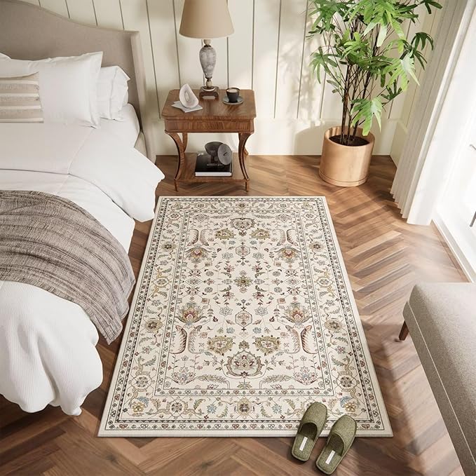 Washable 4x6 Rugs for Living Room, Boho Non-Slip Vintage Distress Small Rugs for Bedroom Nursery Office, 0.3" Neutral Oriental Throw Thin Carpet with Cushioning Pad, Beige/Rust/Green/Multi