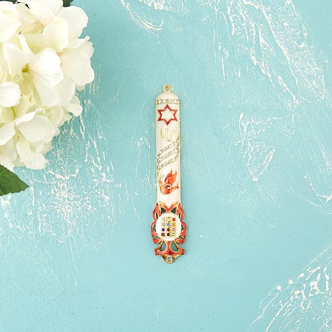 Matashi Hand Painted White Enamel Mezuzah Case Embellished with Star of David, Peace Dove, and Priestly Hoshen Breastplate with Crystals - Jewish Home Door Decor, Housewarming Judaica Gift