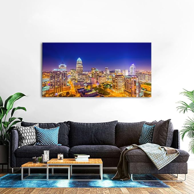 Charlotte City Skyline Wall Art Blue Night Cityscape Wall Decor North Carolina City Panoramic Landscape Canvas Prints Pictures Modern Skyscraper Artwork for Living Room Office Home Decoration 24x48"