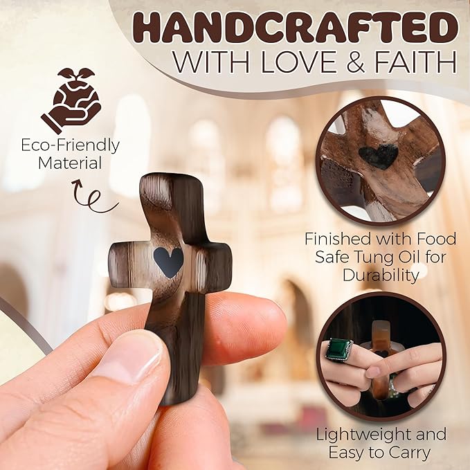 Cross My Heart,Wooden Cross,Encouragement Gift Stress Relief Cross,Prayer Cross for Hand,Pocket Cross Christian Gifts for Women and Fidget Toys for Children and Adults(Black 20Pcs