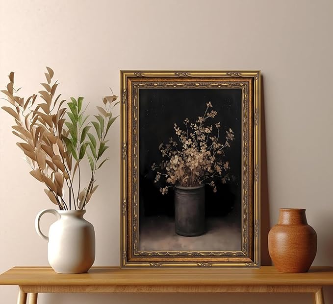 Vintage Gold Framed Wall Art Fall Dried Flowers Antique Vase Country Oil Painting Canvas Prints Dark Moody Rustic Still Life Picture Gothic Victorian Botanical Poster Artwork for Bedroom, 9x11in
