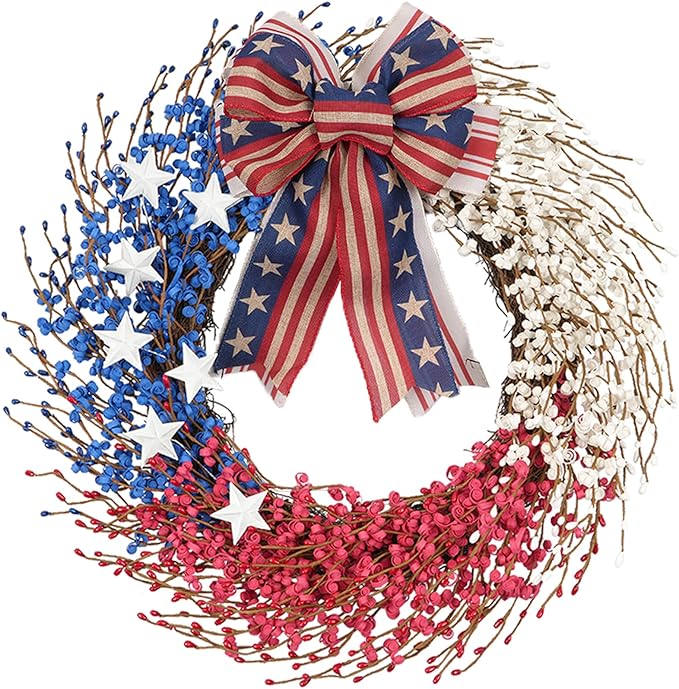 Idyllic 22 Inch Large Patriotic Wreath with Red White Blue PE Ribbons & White Stars - 4th of July Memorial Day Front Door Decor, Outdoor Holiday Wreath