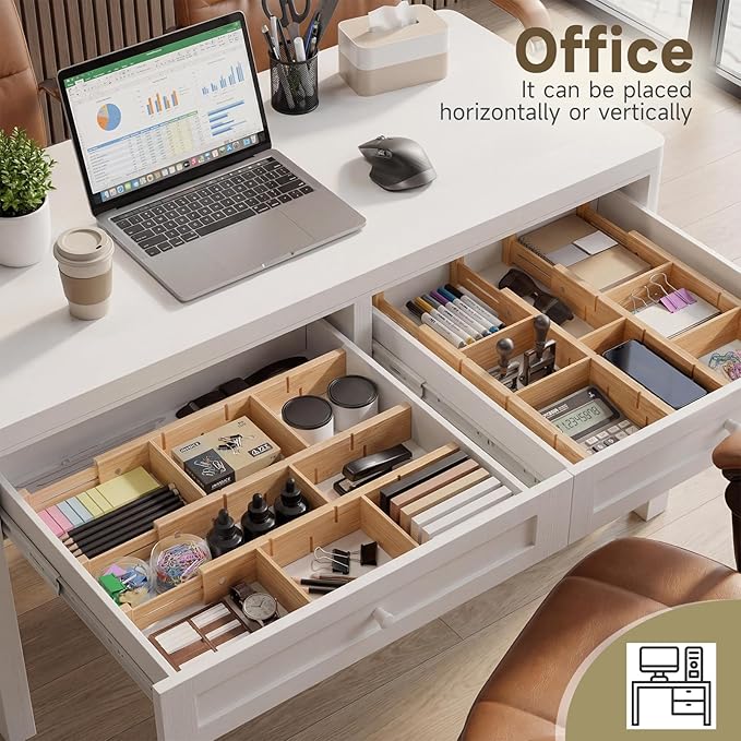 Kitchen drawer organizer,expandable bamboo drawer divider,include 8 dividers,8 small inserts and 8 medium inserts for Home, Office, Dressers (Long-8 Dividers)