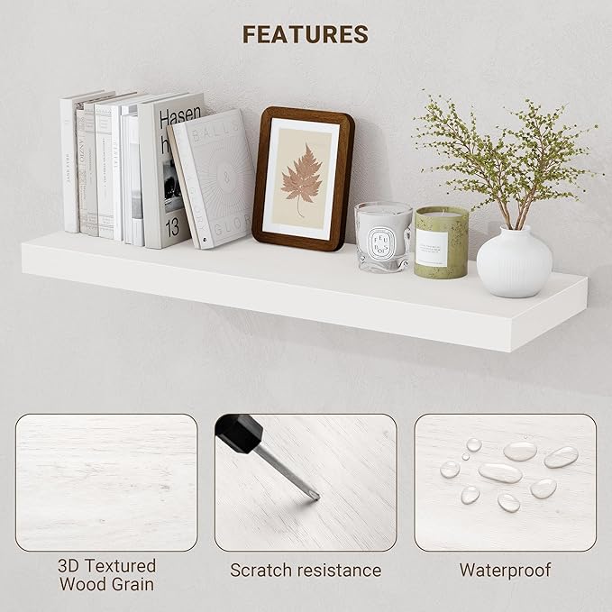 Acovy 48 Inch Floating Shelves, 48"x9.25"x1.5" Inch Deep Floating Shelves for Wall, Wooden Shelves for Bathroom, Bedroom, Living Room, Cream White Oak, 1 Piece
