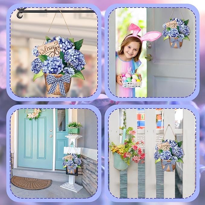 Barydat Summer Door Decorations Blue Hydrangea Wreaths Sign Flowers Floral Door Hanger Rustic Wooden Welcome Hanging Wreath Decorations for Summer Front Indoor Home Porch Wall Windows