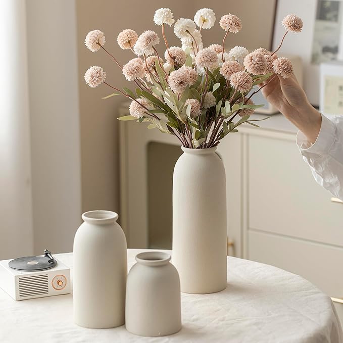Ceramic Vase Set-3, Large Flower Vases for Decor, Modern Boho Farmhouse Style, 10.4 Inch Tall, 4 Inch Width, Beige Color, Decorative Vases for Pampas Grass, Dried Flowers and Fresh Flowers (XL Beige)